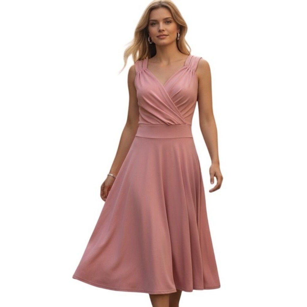 Grace Karin A-Line Dress Womens Small Pink New V-Neck Pleated Sleeveless Midi